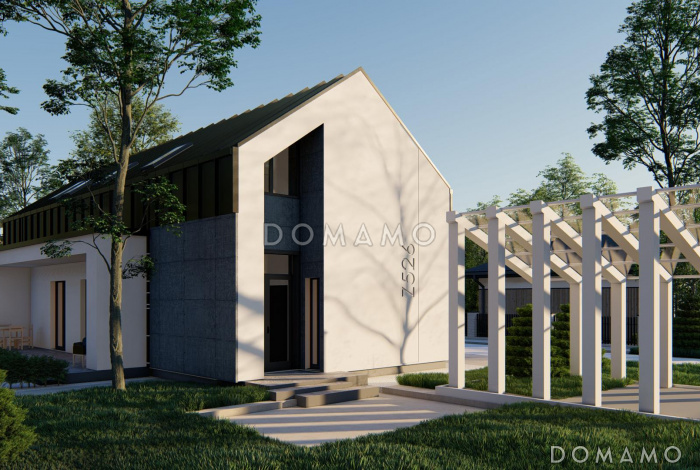 Проект загородного дома в современном стиле с комнатой и гардеробом на первом этаже, тремя спальнями на мансарде, просторной обеденной зоной