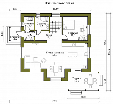 Проект двухэтажного кирпичного дома со вторым светом и детской на втором этаже / План 1 этажа