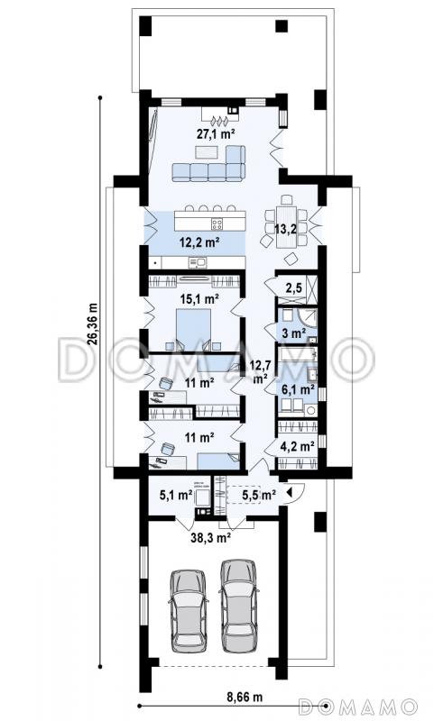 Проект современного одноэтажного дома из кирпича с тремя спальнями и пристроенным гаражом на два автомобиля / План 1 этажа