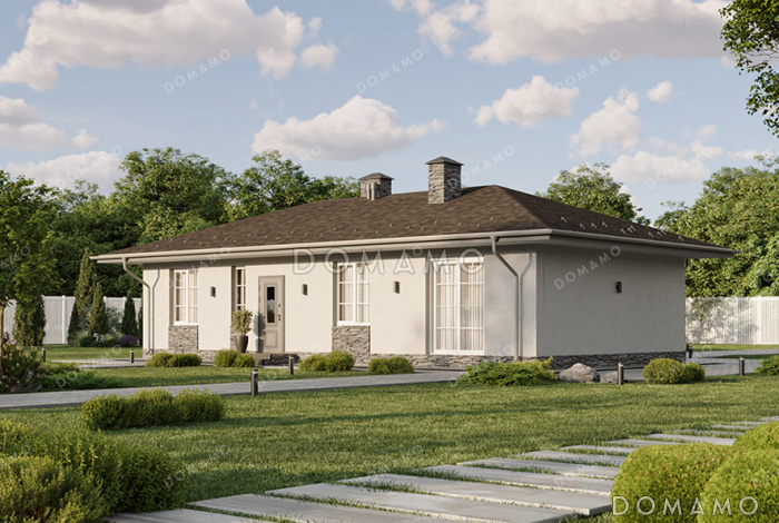 Проект Г-образного одноэтажного дома с крытой входной группой, простой вальмовой кровлей и просторной кухней-гостиной