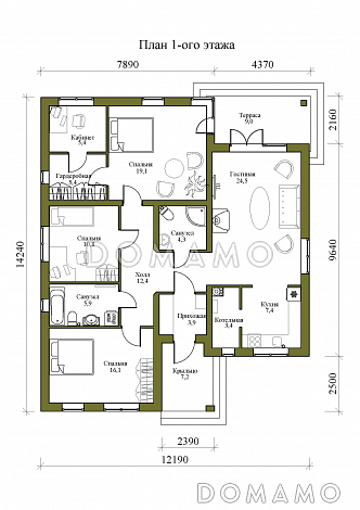 Проект одноэтажного дома в стиле хай-тек с тремя спальнями, гостиной и кабинетом / План 1 этажа