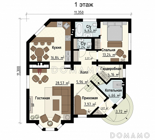 Проект загородного дома с эркером в гостиной, вторым светом, постирочной, детскими комнатами / План 1 этажа