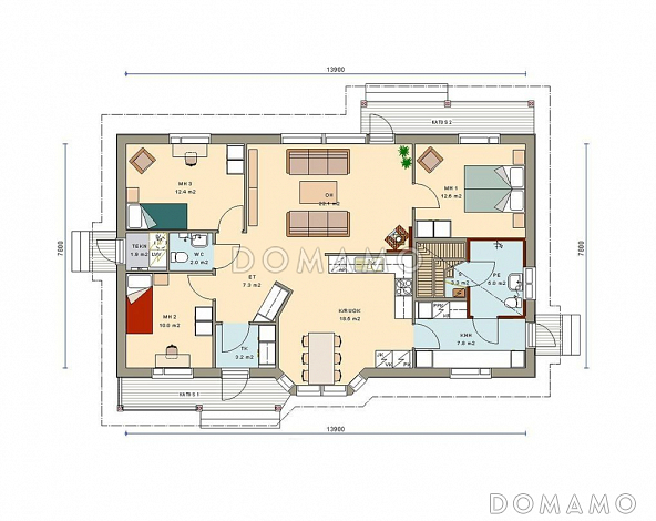 Проект каркасного дома с эркером в кухонной зоне / План 1 этажа