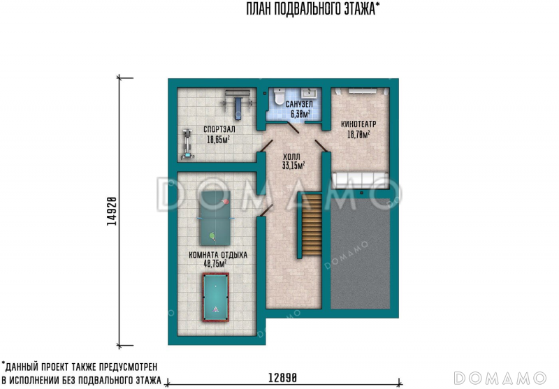 Проект одноэтажного дома с мансардой, большой террасой и гаражом / План цокольного этажа