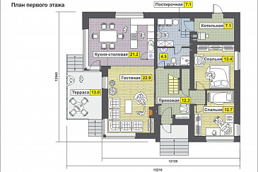 Частный загородный дом с террасой на первом и мансардном этаже, двумя спальнями на мансардном этаже с хозяйской ванной / План 1 этажа