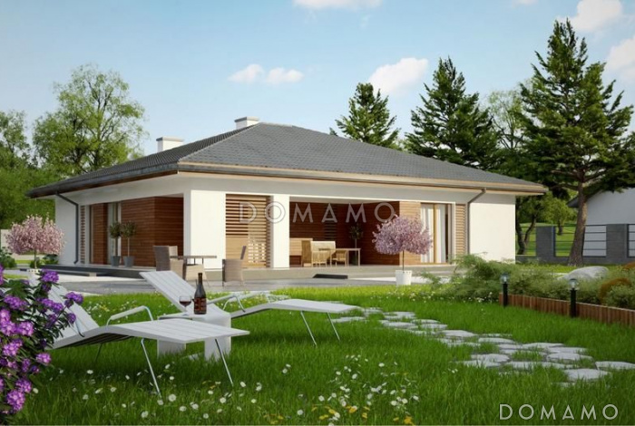 Проект одноэтажного дома с четким зонированием, крытой террасой, гостиной с камином, изолированной кухней