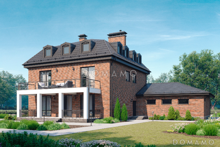 Проект дома с гаражом на две машины, сауной, спальнями на втором этаже с выходом на террасу