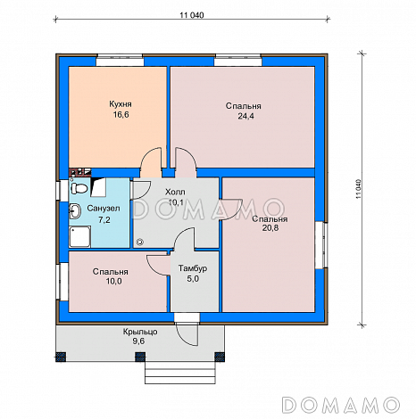 Проект дома с крытым крыльцом, изолированной кухней, тремя спальнями и санузлом с окном / План 1 этажа