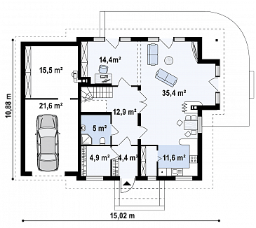 Проект одноэтажного мансардного дома из кирпича с гаражом, эркером и большой площадью остекления в гостиной / План 1 этажа