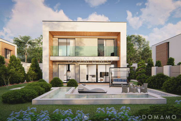 Проект загородного дома с плоской крышей, кладовой под лестницей, вытянутой ванной на втором этаже