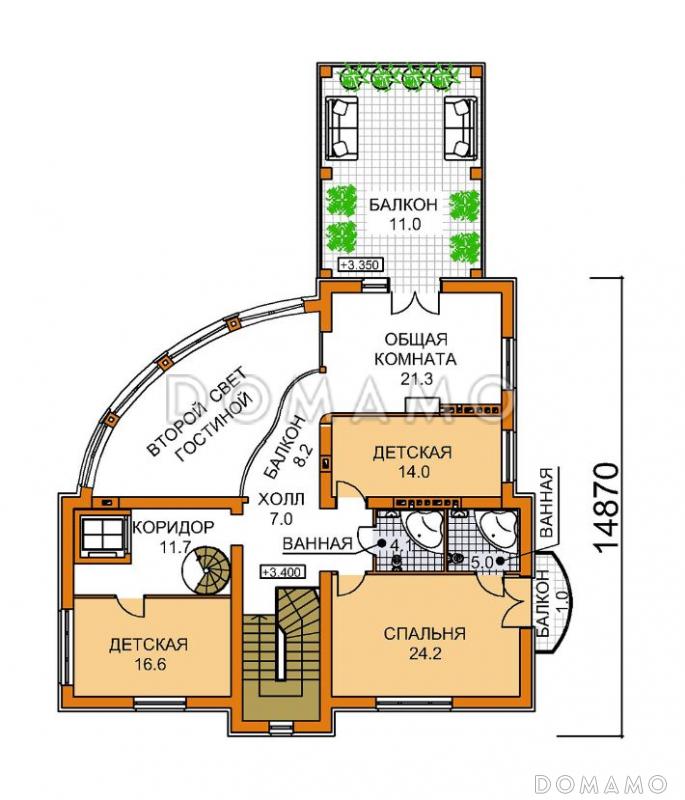 Проект четырехэтажного дома с необычной формой в плане, двусветной гостиной и бассейном / План 2 этажа