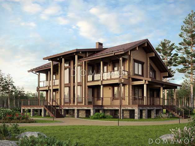 Проект особняка из бруса с цокольным этажем, тренажерным залом и панорамнымии окнами