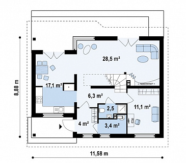 Проект одноэтажного мансардного дома из газобетона с тремя комнатами и кабинетом / План 1 этажа