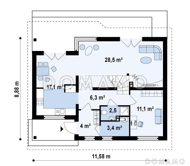Проект одноэтажного мансардного дома из газобетона с тремя комнатами и кабинетом / План 1 этажа