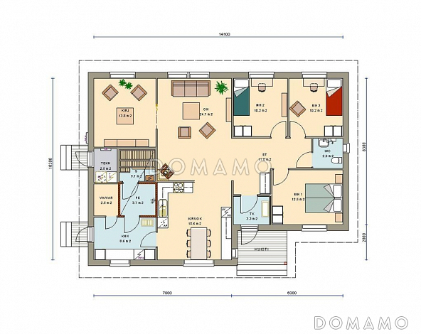Проект каркасного дома с тремя спальнями / План 1 этажа