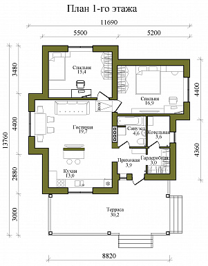 Проект одноэтажного каркасного дома с двумя спальнями и просторной террасой / План 1 этажа