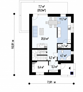 Проект загородного дома с подвалом, кладовой, гостиной с камином, тремя спальнями на втором этаже / План 1 этажа