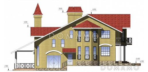 Проект двухэтажного коттеджа с цоколем, с двумя эркерами, балконом и двумя террасами / Фасад 4