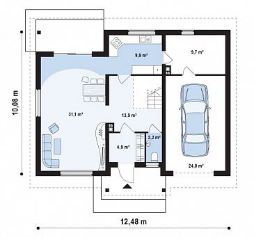 Проект классического мансардного дома из газобетона со встроенным гаражом / План 1 этажа