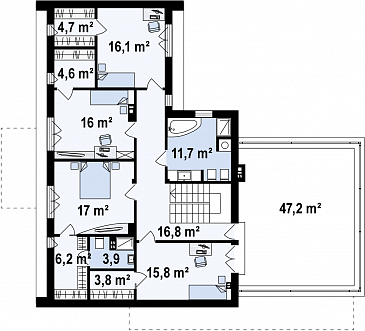 Проект современного двухэтажного дома из кирпича с плоской крышей с гаражом для двух автомобилей и террасами на обоих уровнях / План 2 этажа