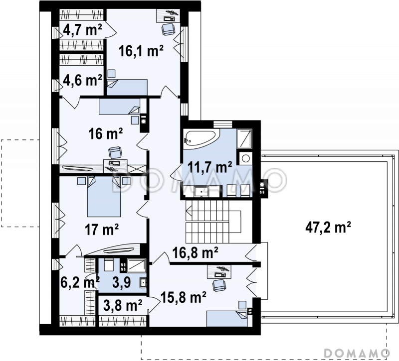 Проект современного двухэтажного дома из кирпича с плоской крышей с гаражом для двух автомобилей и террасами на обоих уровнях / План 2 этажа