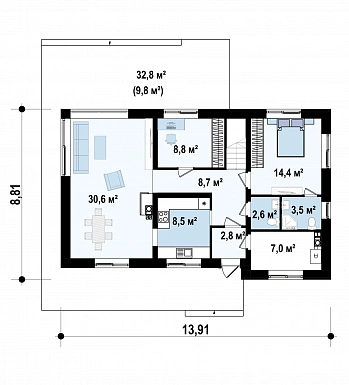 Проект двухэтажного дома из газобетона с пятью спальнями и кабинетом / План 1 этажа