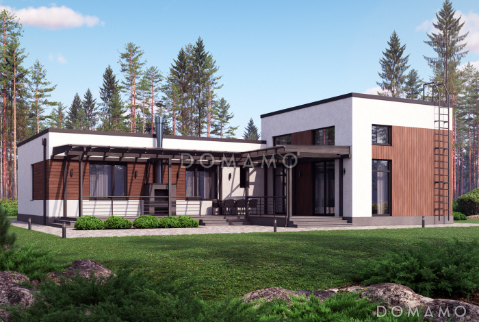 Проект одноэтажного газобетонного дома в стиле хай-тек с плоской кровлей и просторной террасой