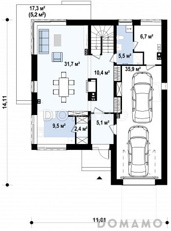 Проект двухэтажного дома из газобетона с 4 спальнями, подвалом и гаражом на 2 автомобиля / План 1 этажа
