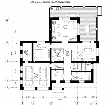 Проект особняка с цокольным этажом, гаражом на две машины, пятью спальнями и террасой с барбекю / План 1 этажа