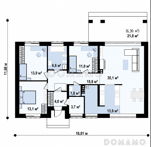 Проект загородного дома с просторной кладовой на кухне, террасой, ванной с окном / План 1 этажа