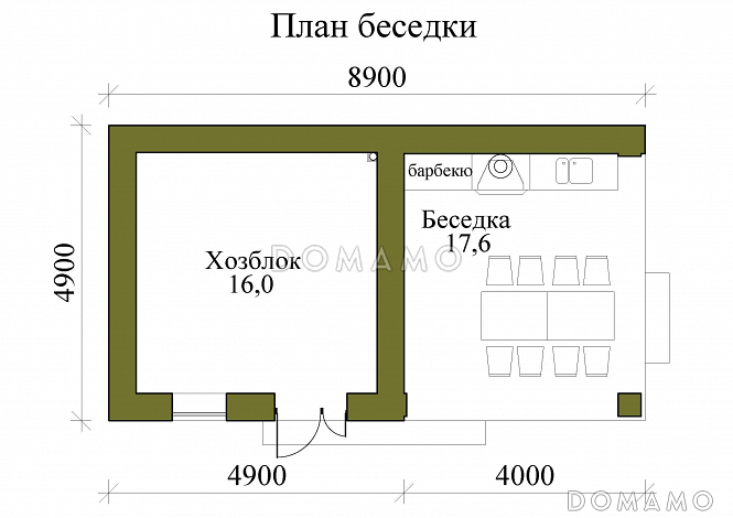 Проект газобетонной беседки с хозблоком и барбекю / План 1 этажа