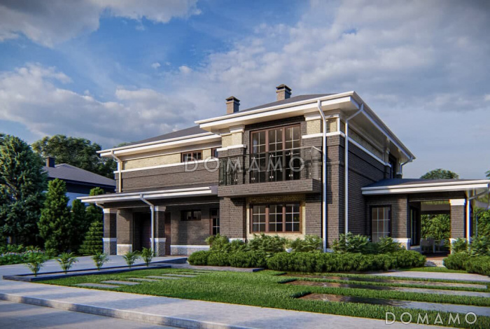 Проект двухэтажного дома с крытой террасой, гаражом, большой кухней и гостиной,  балконами