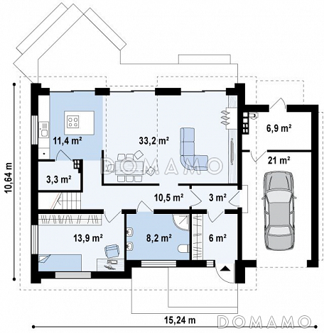 Проект одноэтажного коттеджа из газобетона с мансардным этажом со вторым светом, большим панорамным окном и гаражом  / План 1 этажа