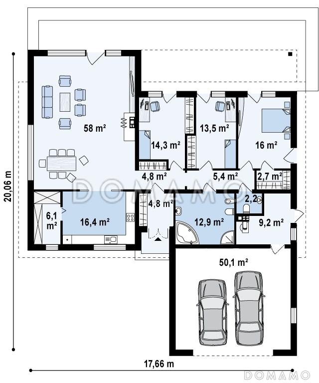 Проект просторного одноэтажного дома из газобетона с тремя спальнями и пристроенным гаражом на два автомобиля / План 1 этажа