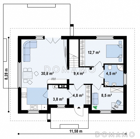 Проект одноэтажного мансардного дома из кирпича с дополнительной спальней и кабинетом на первом этаже / План 1 этажа