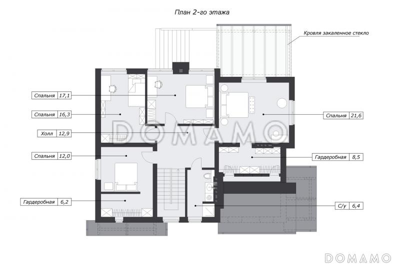 Проект дома в деревенском стиле с 5 спальнями, сауной и верандой с панорамными окнами / План мансардного этажа