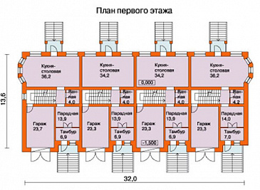Проект таунхауса на четыре семьи / План 1 этажа