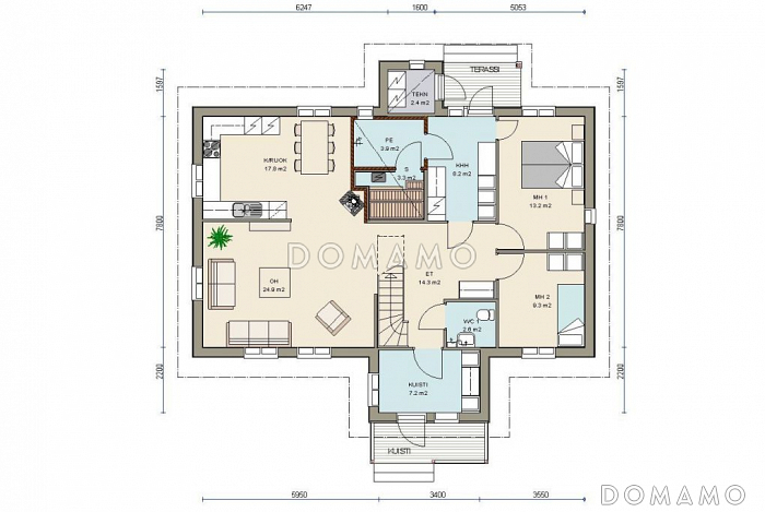 Проект каркасного дома с двумя спальнями на мансардном этаже / План 1 этажа