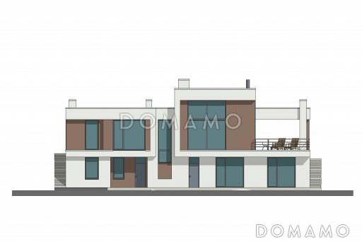 Проект дома в стиле хай-тек, подходящий для неровного участка, с 4 спальнями, большой террасой и навесом для двух автомобилей / Фасад 3