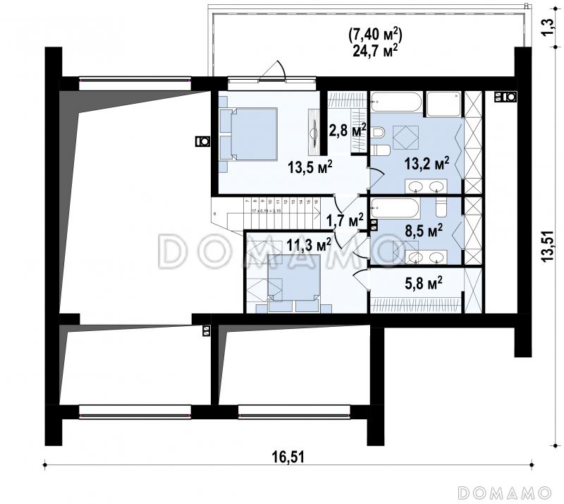 Проект современного одноэтажного мансардного дома с двухскатной крышей из газобетона с четырьмя комнатами и гаражом / План мансардного этажа