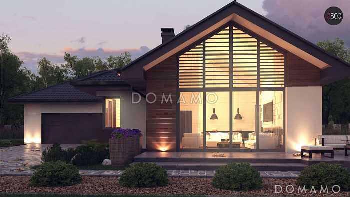 Проект просторного одноэтажного дома из кирпича с четырьмя спальнями, гаражом и панорамным остеклением гостиной