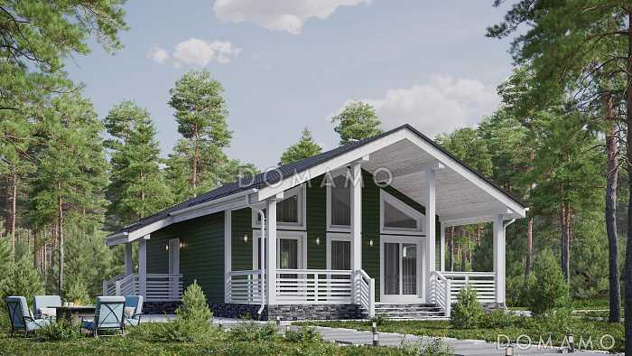 Проект одноэтажного каркасного дома с двумя спальнями и террасой