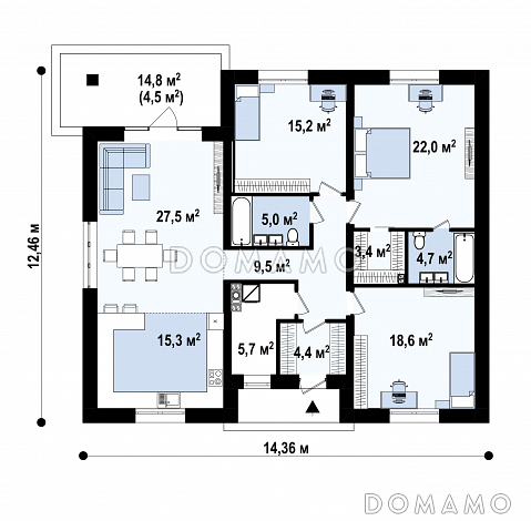 Проект одноэтажного загородного дома с мастер-спальней, террасой, кухней с окном у мойки / План 1 этажа
