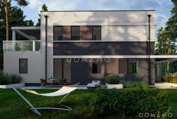 Проект двухэтажного дома с плоской крышей и второй террасой над гаражом