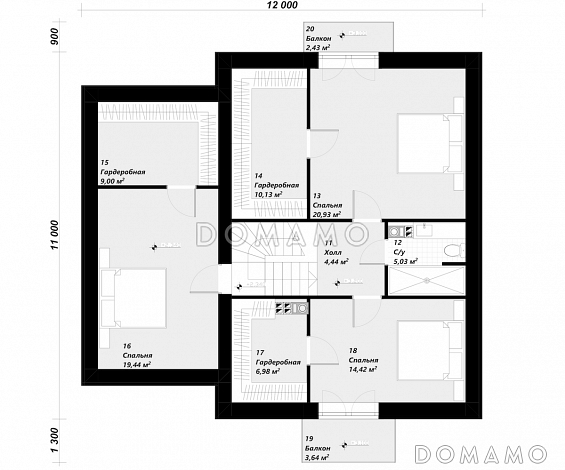 Проект мансардного дома из газобетона с 2 балконами, эркером и гаражом на 1 машину / План мансардного этажа