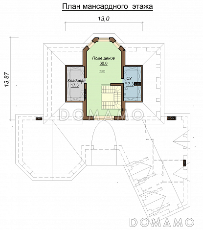 Проект большого двухэтажного дома с мансардой,с эркером, гаражом, сауной и бассейном / План мансардного этажа