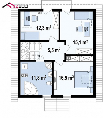 Проект загородного дома с террасой, балконом, кладовой, просторной ванной / План мансардного этажа