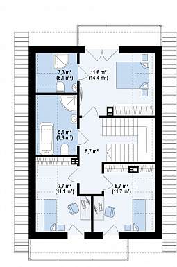 Проект аккуратного одноэтажного мансардного дома из газобетона для узкого участка / План мансардного этажа