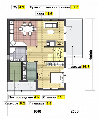 Проект дома с просторной террасой / План 1 этажа