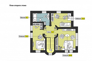 Проект дома с крытой террасой, колоннами, кухней-столовой с полукруглой стеной на террасу, эркером, спальнями и кабинетом на втором этаже / План 2 этажа